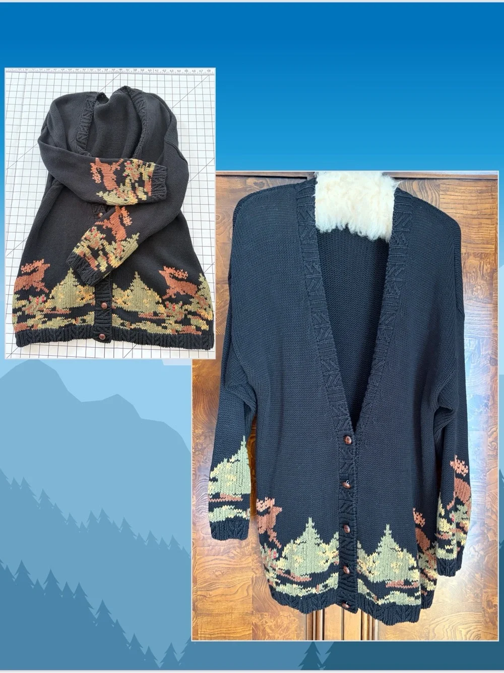 Cambridge Dry Goods No Tag Black Cardigan w Deer Forest Border Scene Flaw LG/XLG